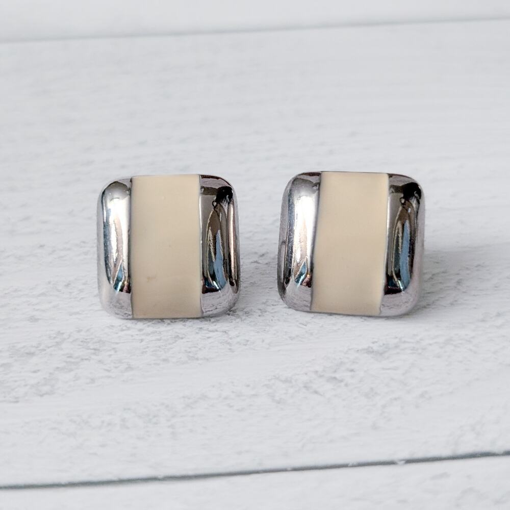 Vintage Stud Earrings Silver Tone & Cream Enamel Square